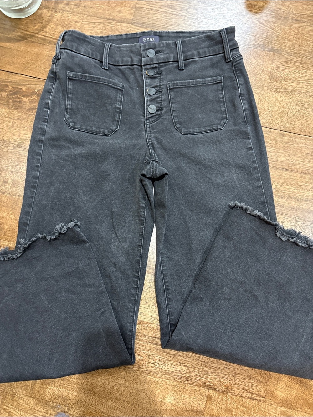 NYDJ Black Wide Leg Button Fly Ankle Jeans Trinity Stretch Raw Hems Pockets sz 6 - Picture 2 of 12
